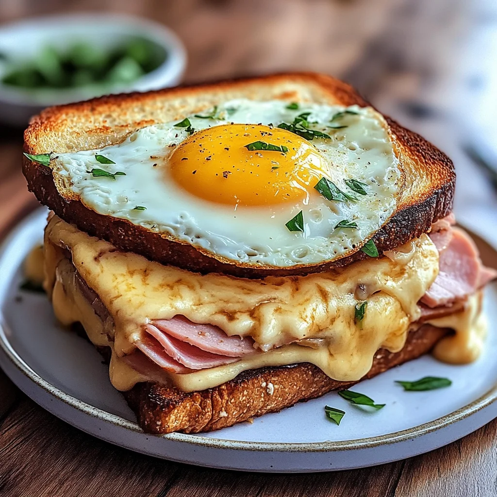 Croque Madame Sandwich mit heißem Käse, Karoschinken und Spiegelei