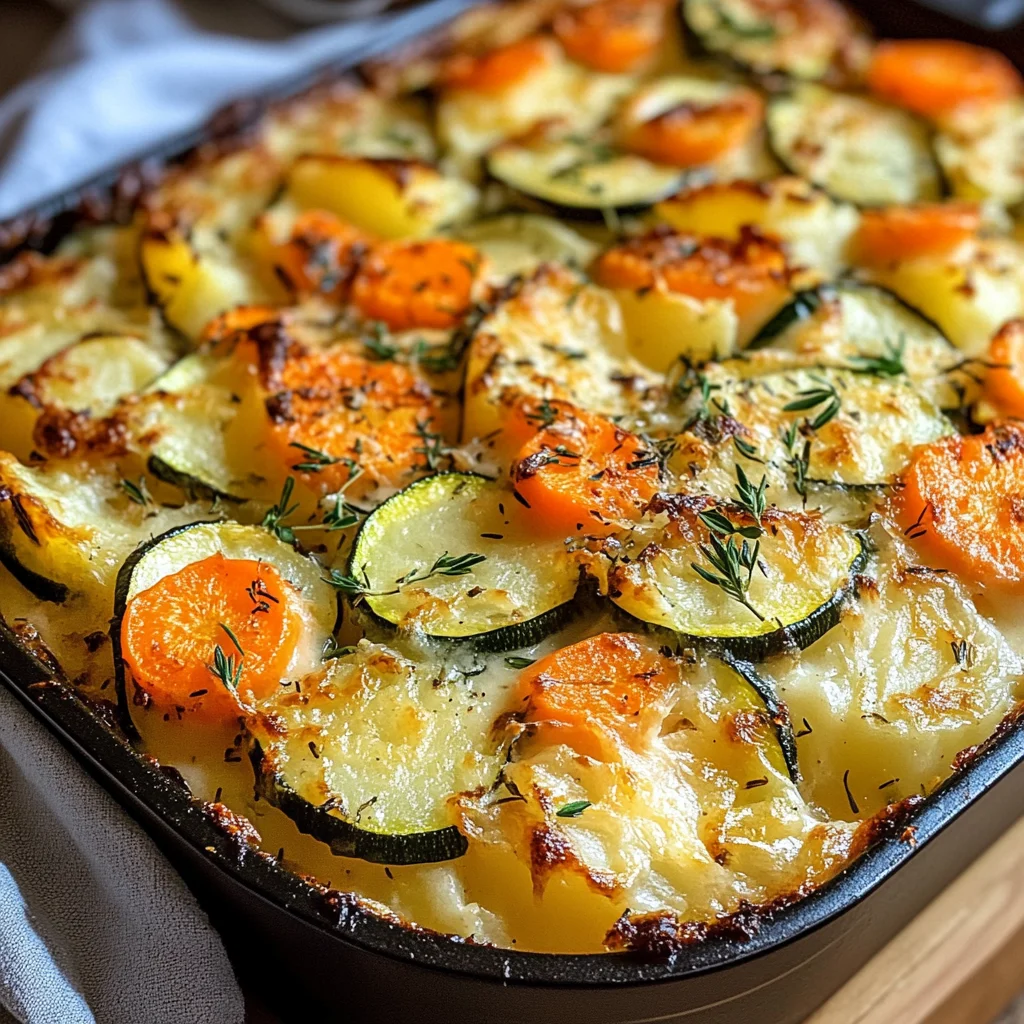 Vegetarischer Kartoffelauflauf mit Zucchini, Karotten und Zwiebeln