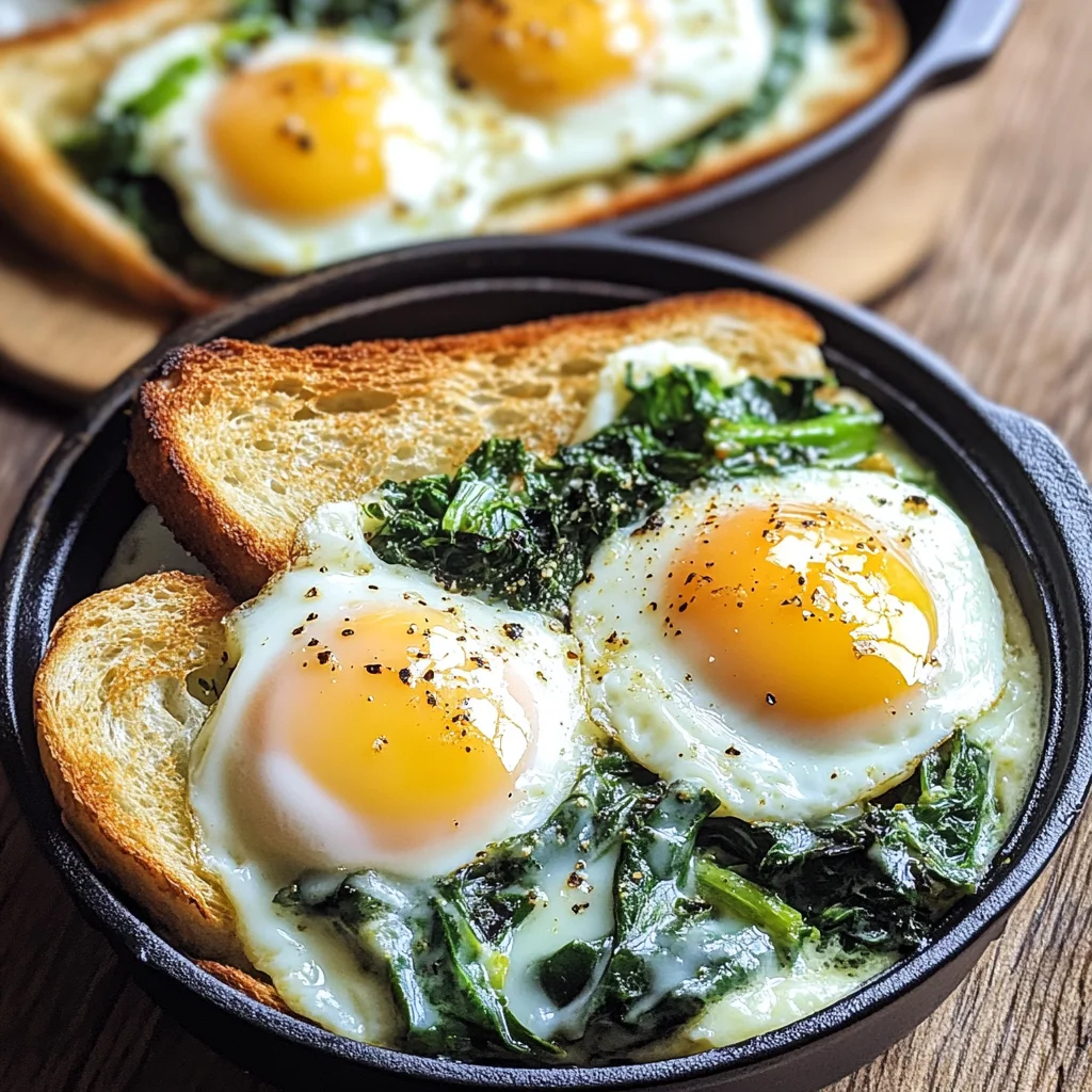 Gebackene Eier mit cremigem Grüngemüse und Knoblauchbutter-Toast