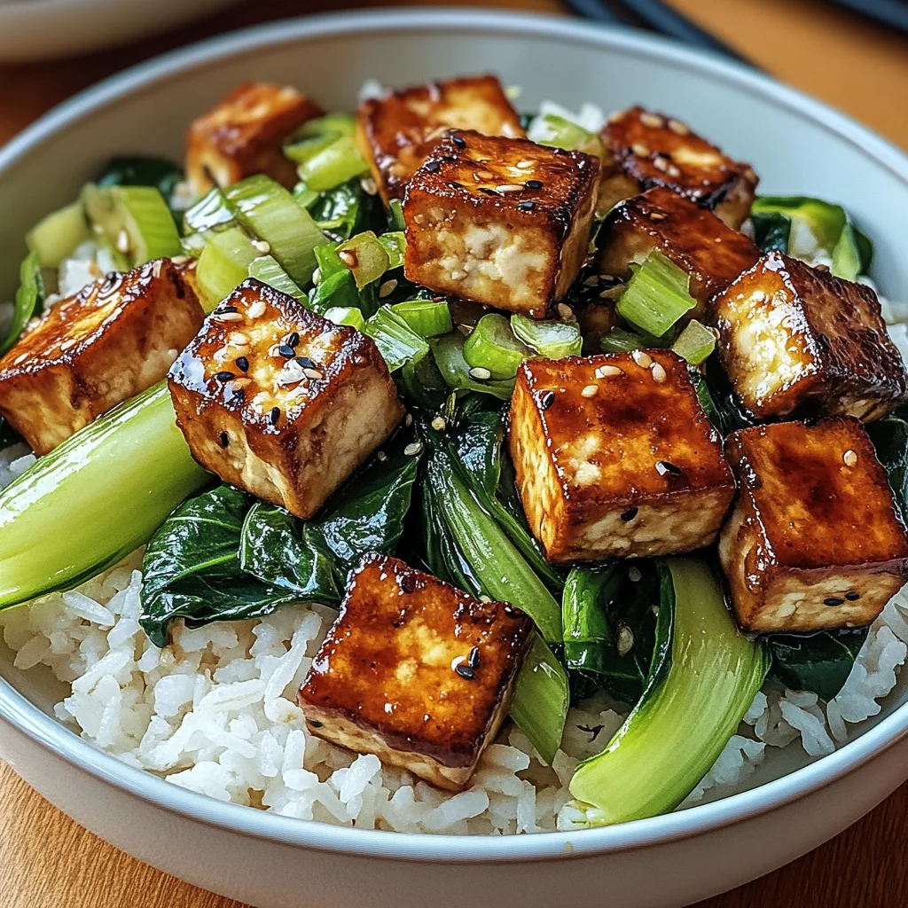 Gebratener Pak Choi mit knusprigem Tofu und Reis